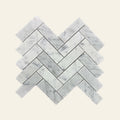 Herringbone Carrara White Marble Honed 30x100 Mosaic, true-scale swatch: 400 x 400 mm of wall at real size