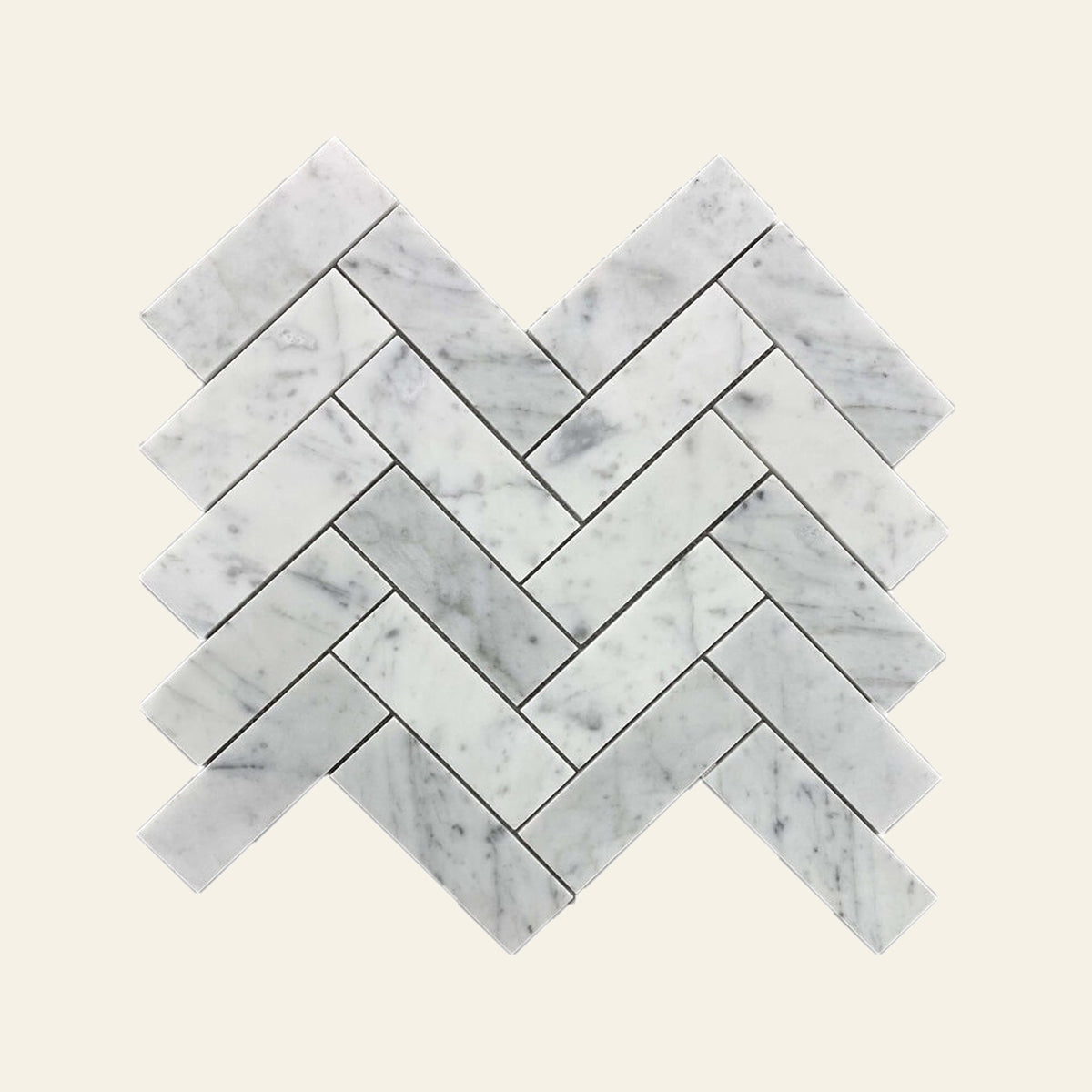 Herringbone Carrara White Marble Honed 30x100 Mosaic, true-scale swatch: 400 x 400 mm of wall at real size