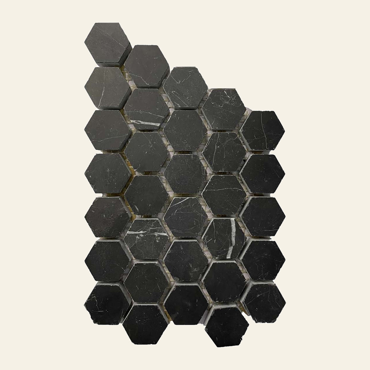 Hexagon Marquina Marble Honed 25x25 Mosaic, tiles laid together