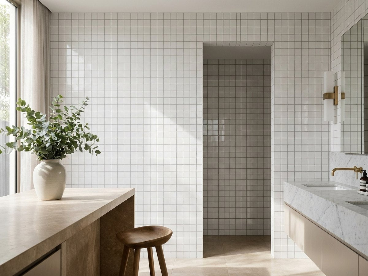 Ironbark Saltpan Pool Mosaic Gloss 48x48 tiles in a room