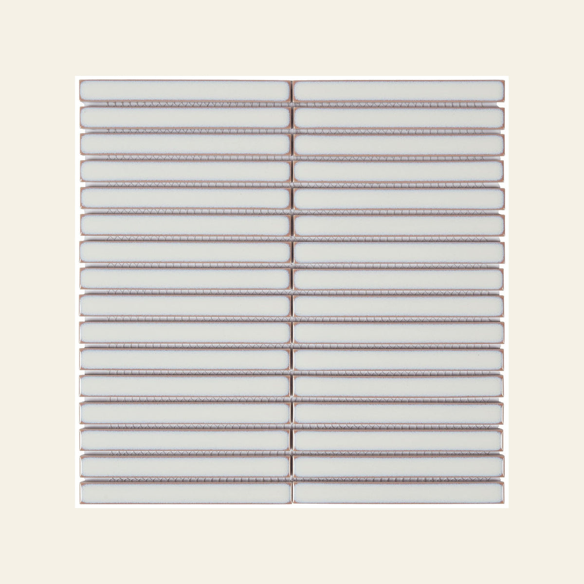 Japanese Stick White Cloud 15x145 Finger Mosaic, true-scale swatch: 400 x 400 mm of wall at real size