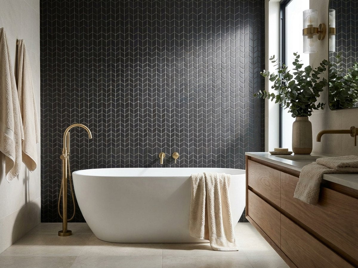 Karri Black Sand Chevron Glass Mosaic Matt 60x120 tiles in a room