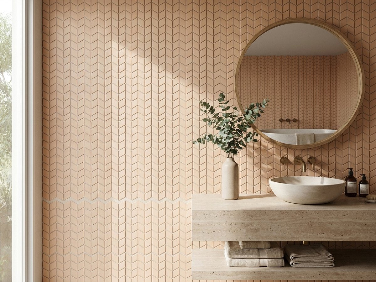 Karri Pink Salt Chevron Glass Mosaic Matt 60x120 tiles in a room