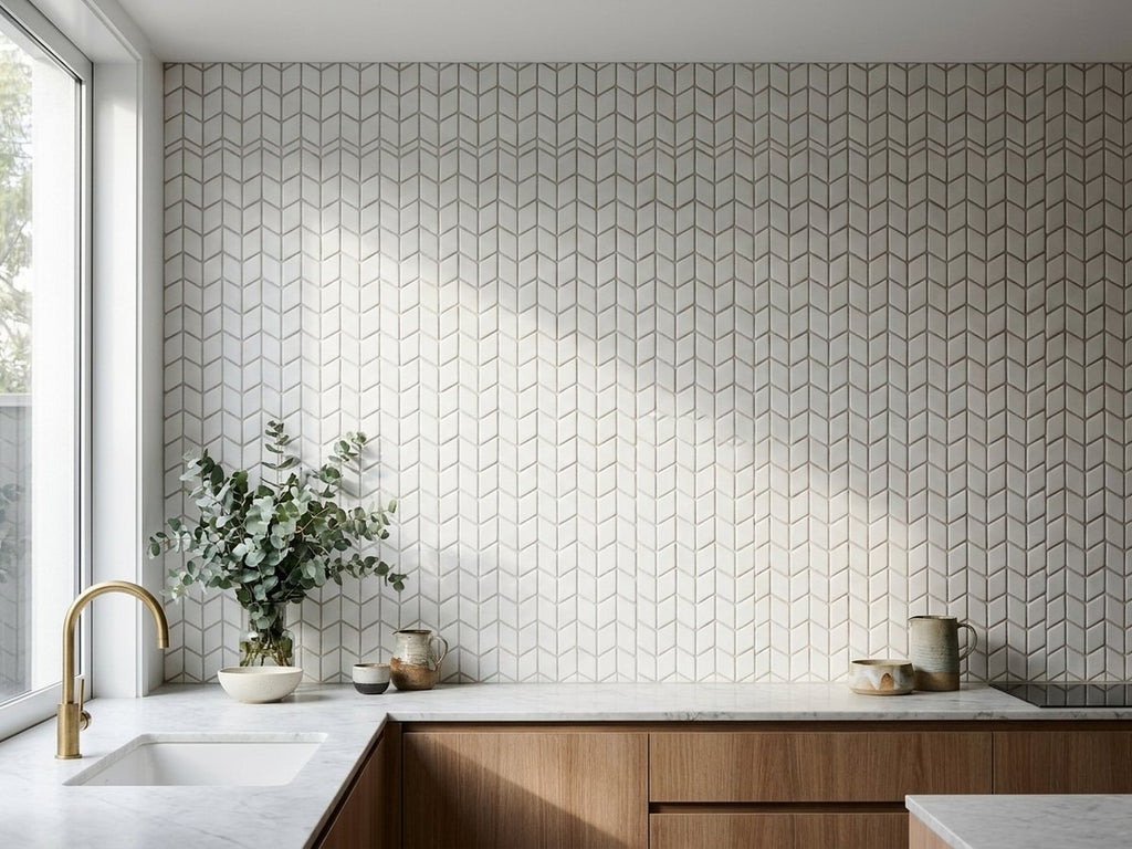 Karri Whitecap Chevron Glass Mosaic Matt 60x120 tiles in a room