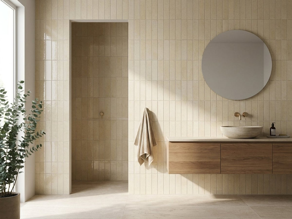 Kurrajong Sandbar Gloss 28x150 tiles in a room