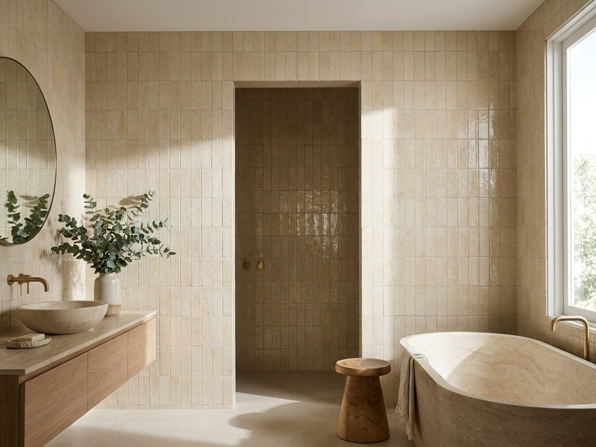 Kurrajong Sandbar Gloss 50x150 tiles in a room