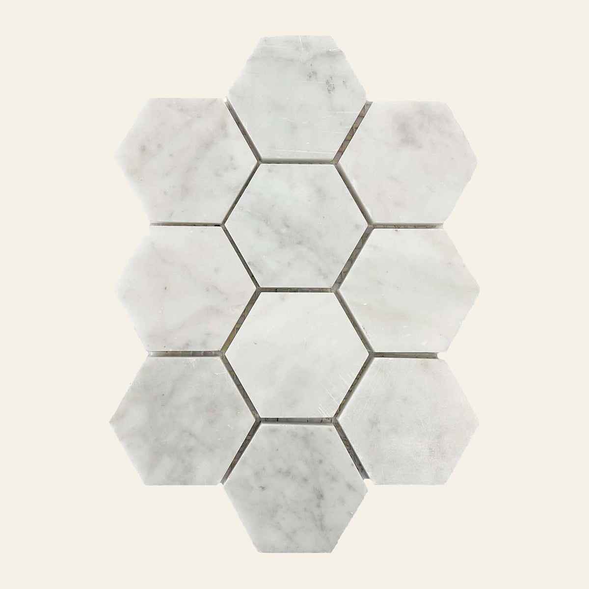Large Hexagon Carrara Marble Honed 95x95 Mosaic, tiles laid together