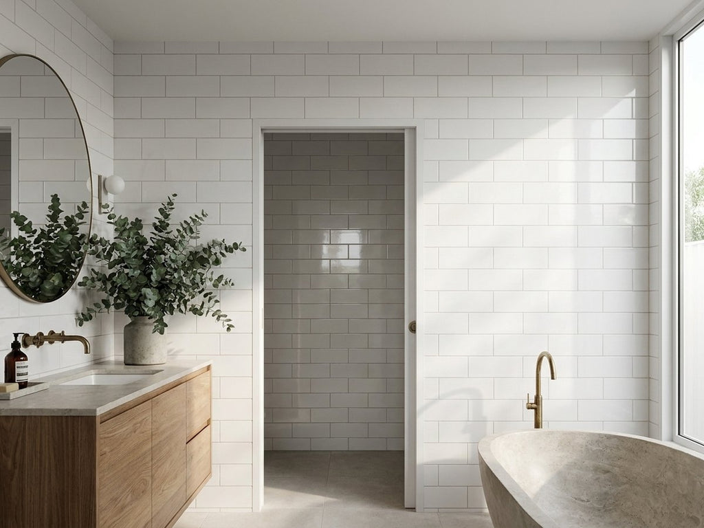 Loddon Salt White Gloss 100x300 tiles in a room