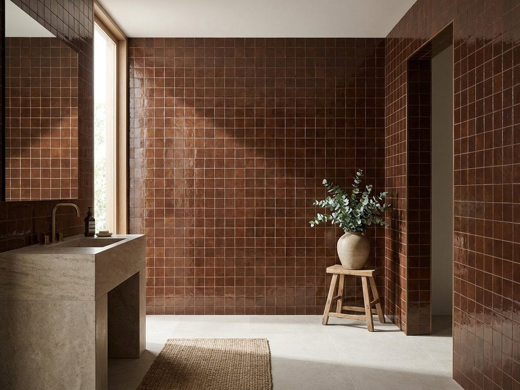 Luna Red Gum Gloss 100x100 tiles in a room