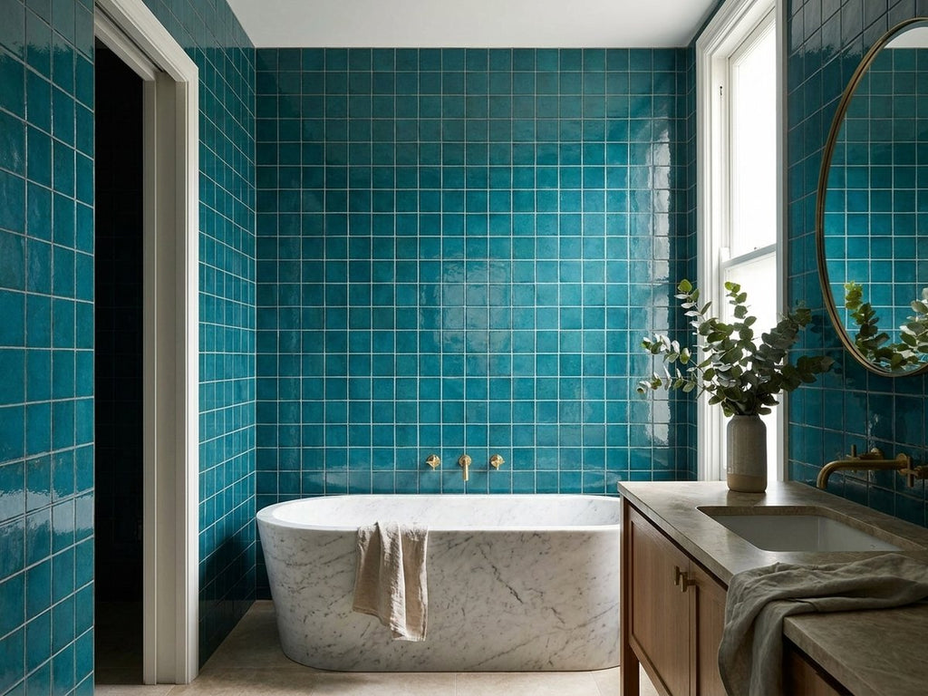 Luna Reef Blue Gloss 100x100 tiles in a room