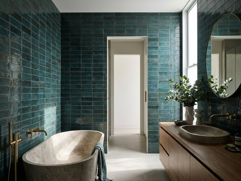 Luna Tidepool Gloss 60x240 tiles in a room