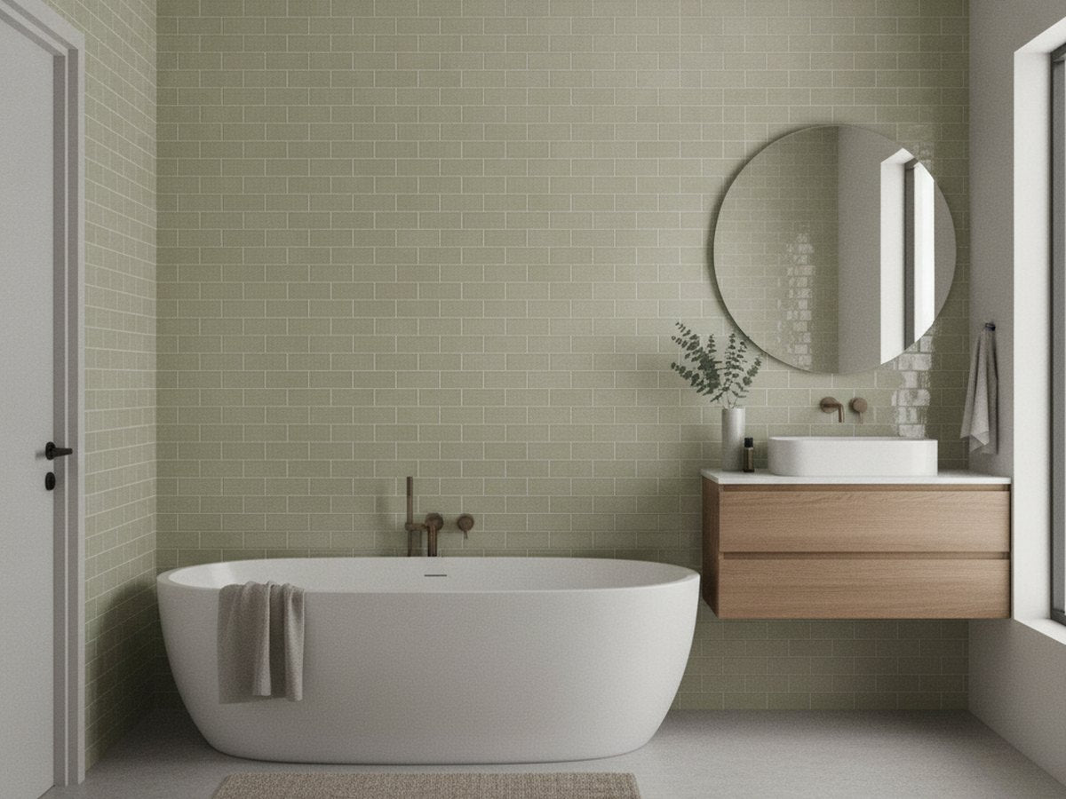 Mallee Eucalypt Glazed 60x108 tiles in a room