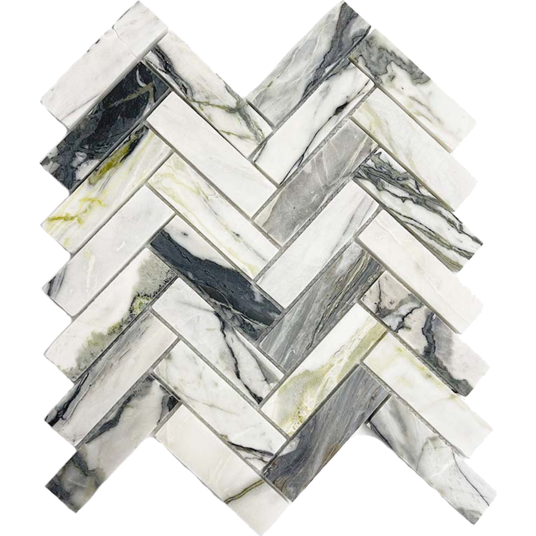 Murrindindi Lichen Herringbone Mosaic Honed 30x100, tiles laid together