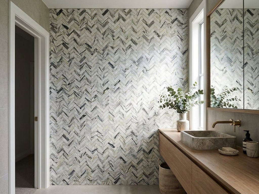 Murrindindi Lichen Herringbone Mosaic Honed 30x100 tiles in a room