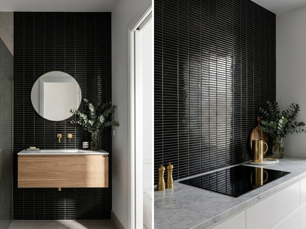 Pigface Black Sand Finger Gloss 12x92 tiles in a room