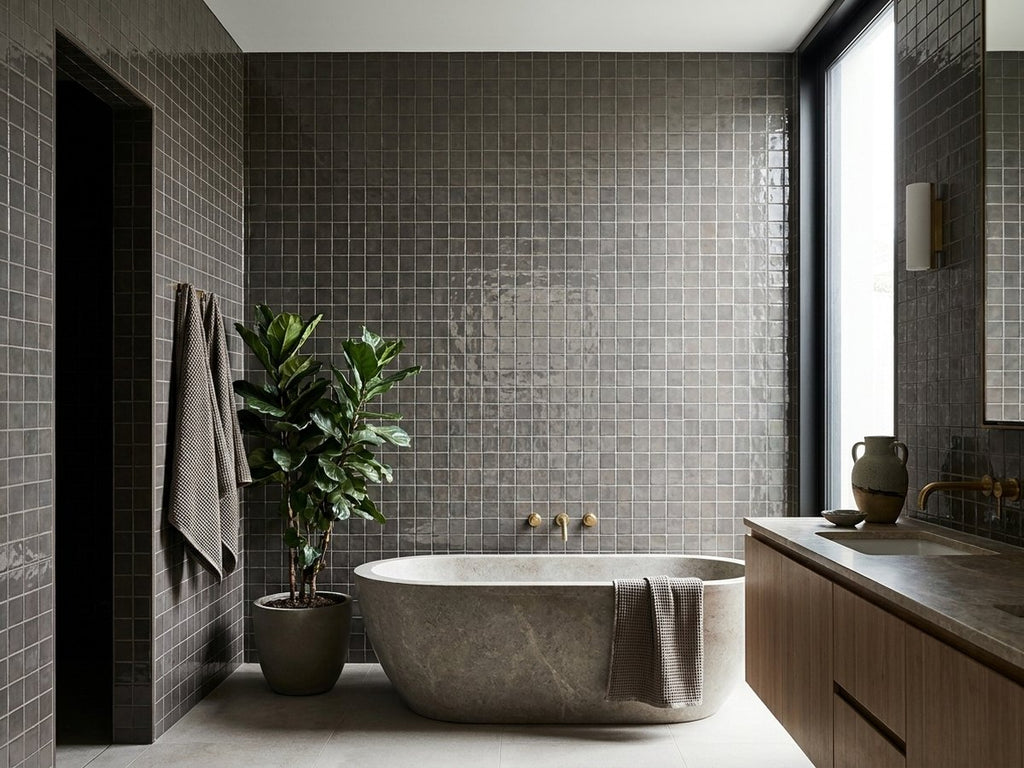 Riberry Flint Gloss 75x150 tiles in a room