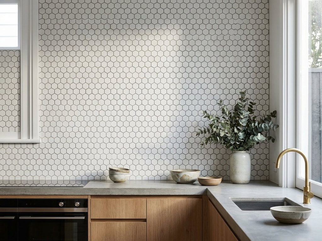 Saltbush Cirrus Hexagon Mosaic Gloss 25x25 tiles in a room