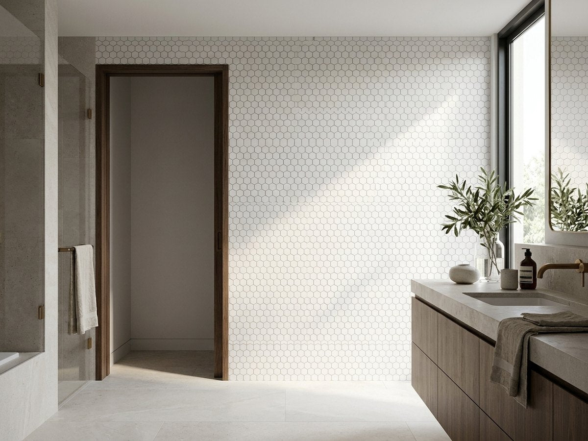 Saltbush Cirrus Hexagon Mosaic Matt 25x25 tiles in a room
