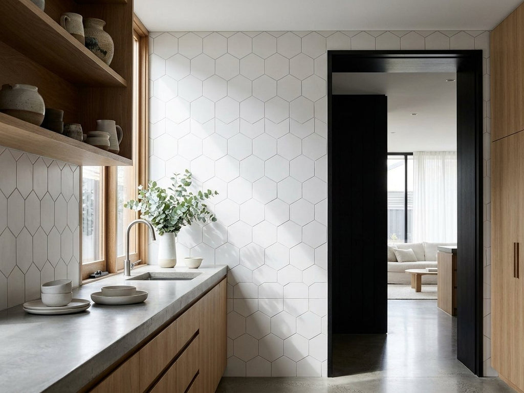 Saltbush Cirrus Hexagon Mosaic Matt 50x50 tiles in a room