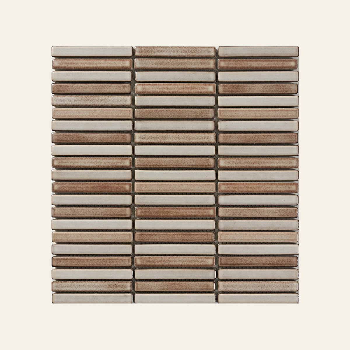 Shiki Sticks Caramel Fade Porcelain Glazed 12x92 Finger Mosaic, true-scale swatch: 400 x 400 mm of wall at real size