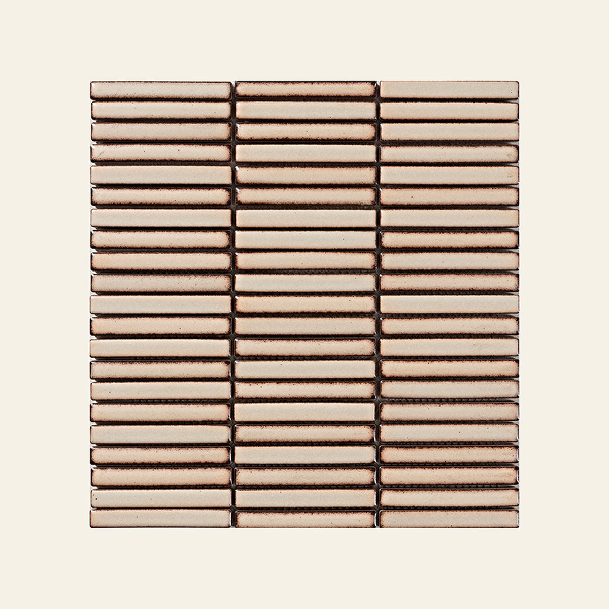 Shiki Sticks Clay Mist Porcelain Glazed 12x92 Finger Mosaic, true-scale swatch: 400 x 400 mm of wall at real size