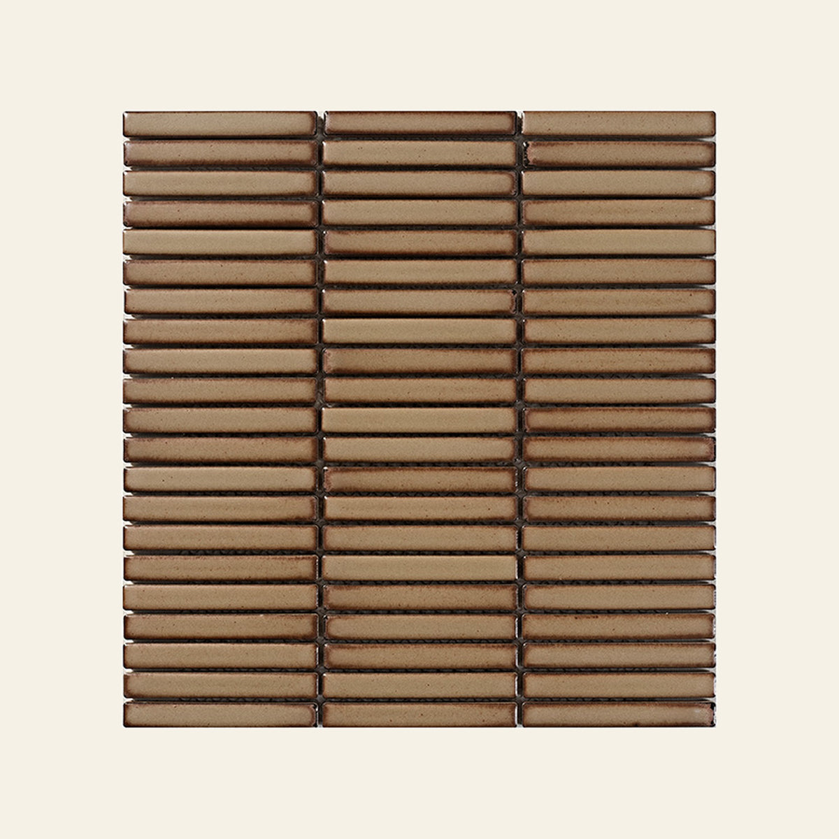 Shiki Sticks Cocoa Stone Porcelain Glazed 12x92 Finger Mosaic, true-scale swatch: 400 x 400 mm of wall at real size
