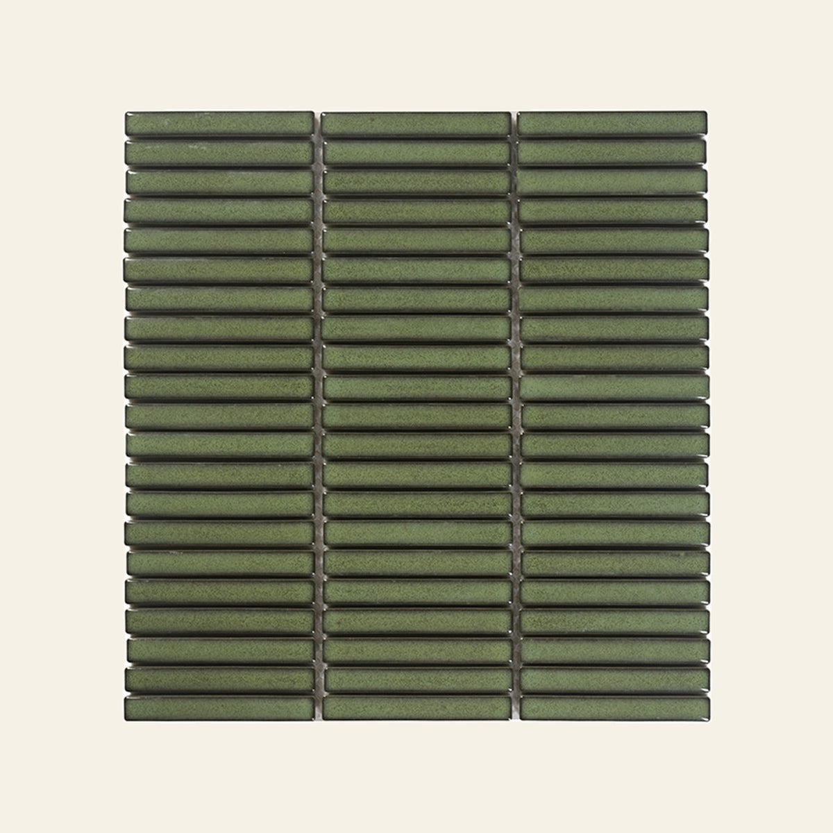 Shiki Sticks Green Stone Porcelain Glazed 12x92 Finger Mosaic, true-scale swatch: 400 x 400 mm of wall at real size