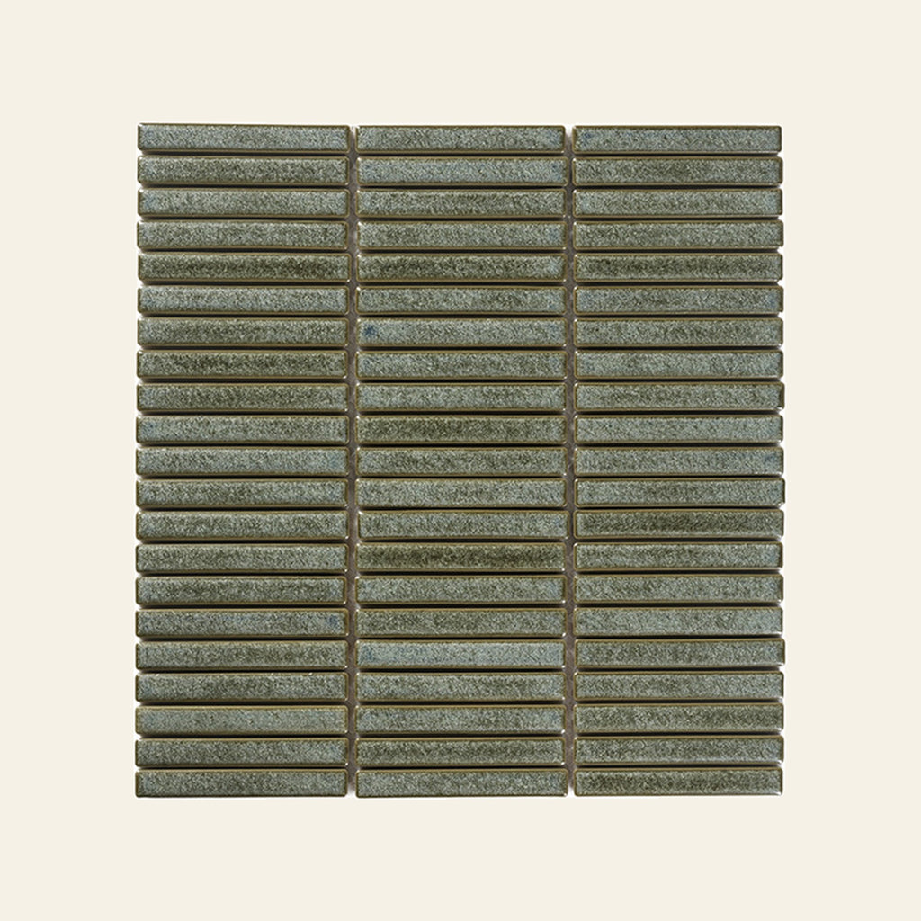 Shiki Sticks Pale Lagoon Porcelain Glazed 12x92 Finger Mosaic, true-scale swatch: 400 x 400 mm of wall at real size