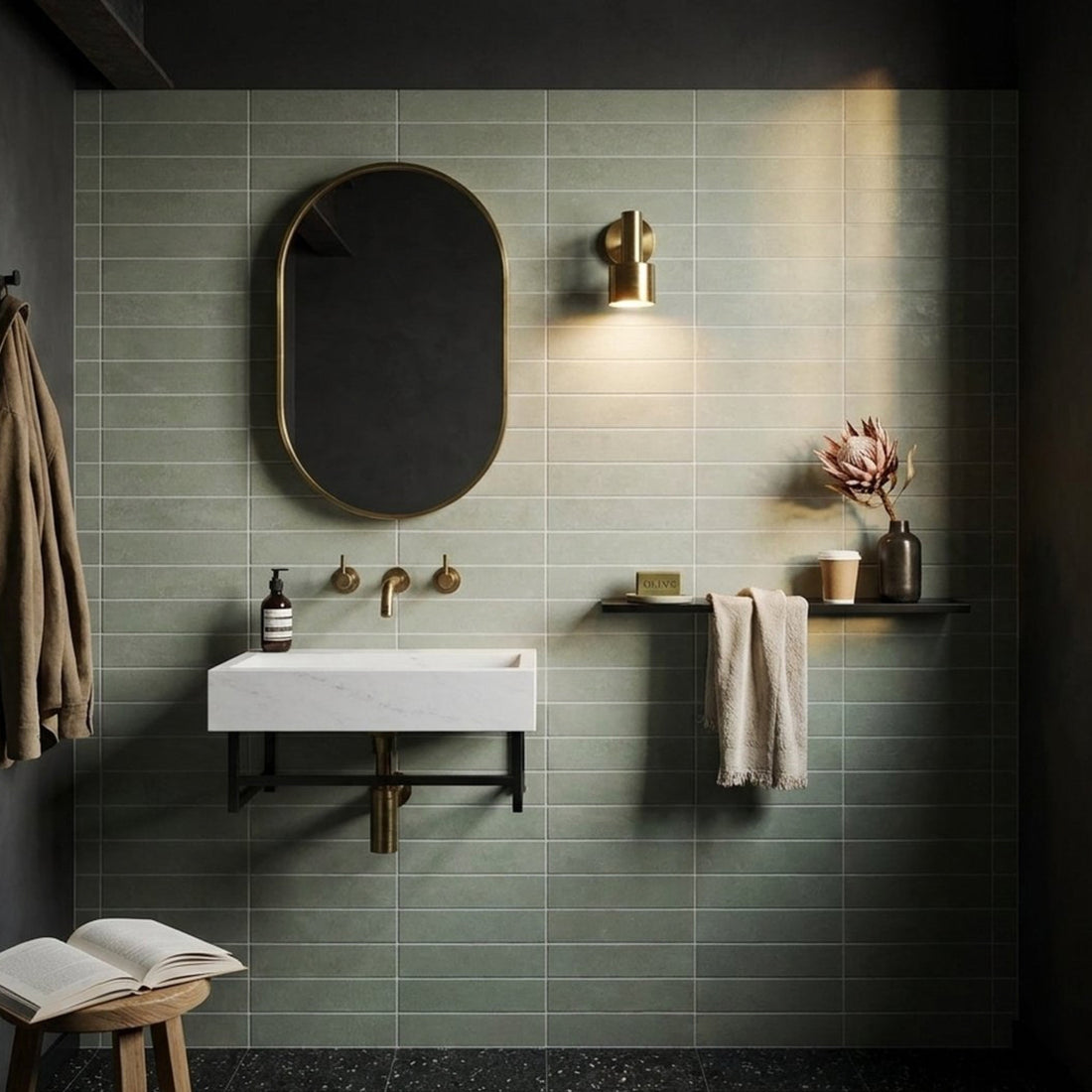 Spinifex Lichen Matt 75x300 tiles in a powder