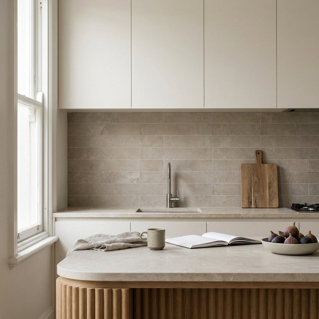 Spinifex Sandplain Matt 75x300 tiles in a splashback