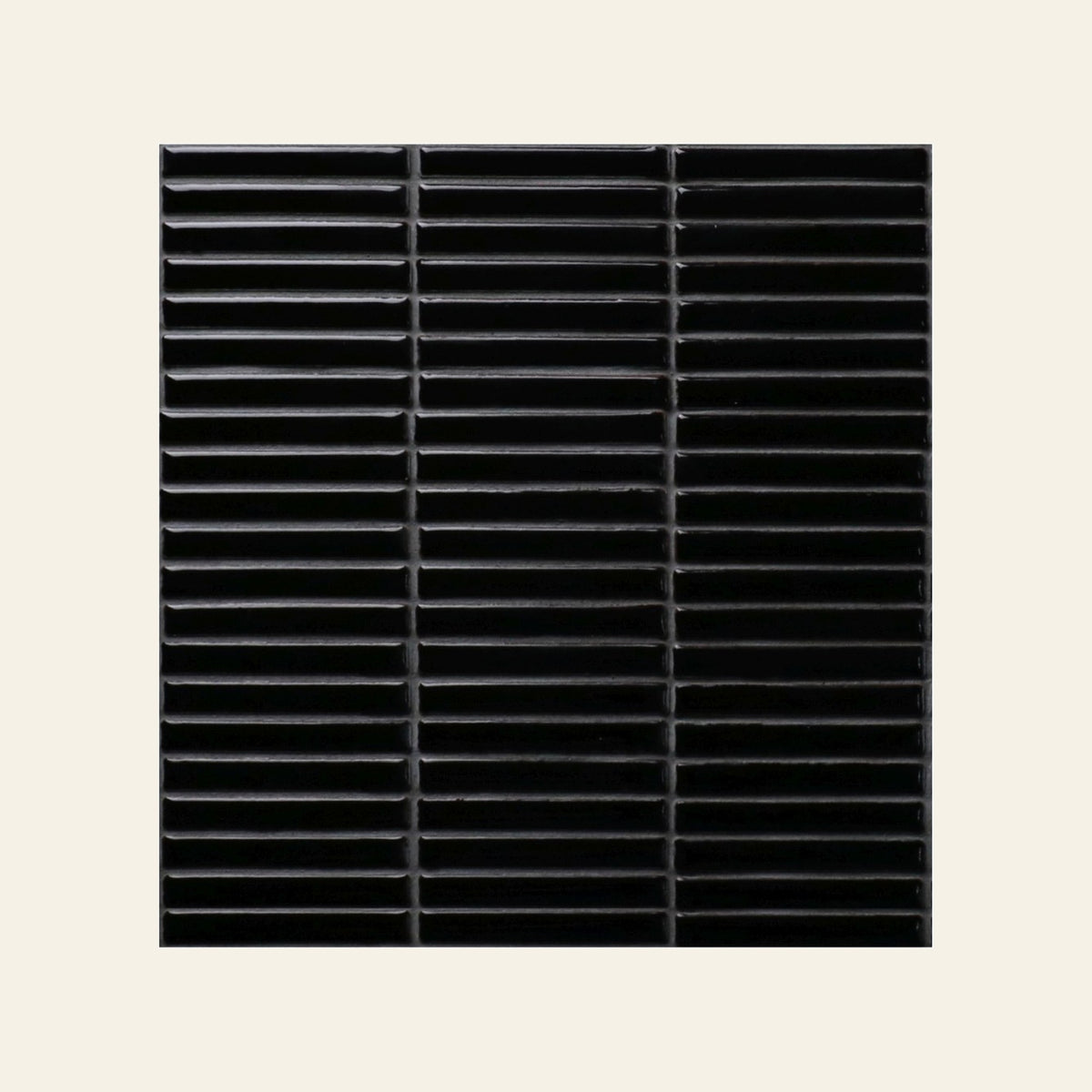 Stackbond Finger Black Gloss 12x92 Finger Mosaic, true-scale swatch: 400 x 400 mm of wall at real size