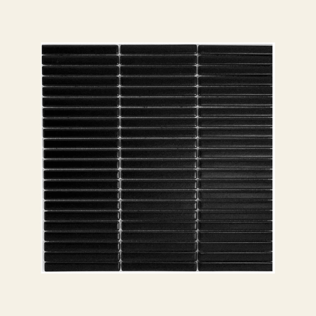 Stackbond Finger Black Matt 12.8x95 Finger Mosaic, true-scale swatch: 400 x 400 mm of wall at real size