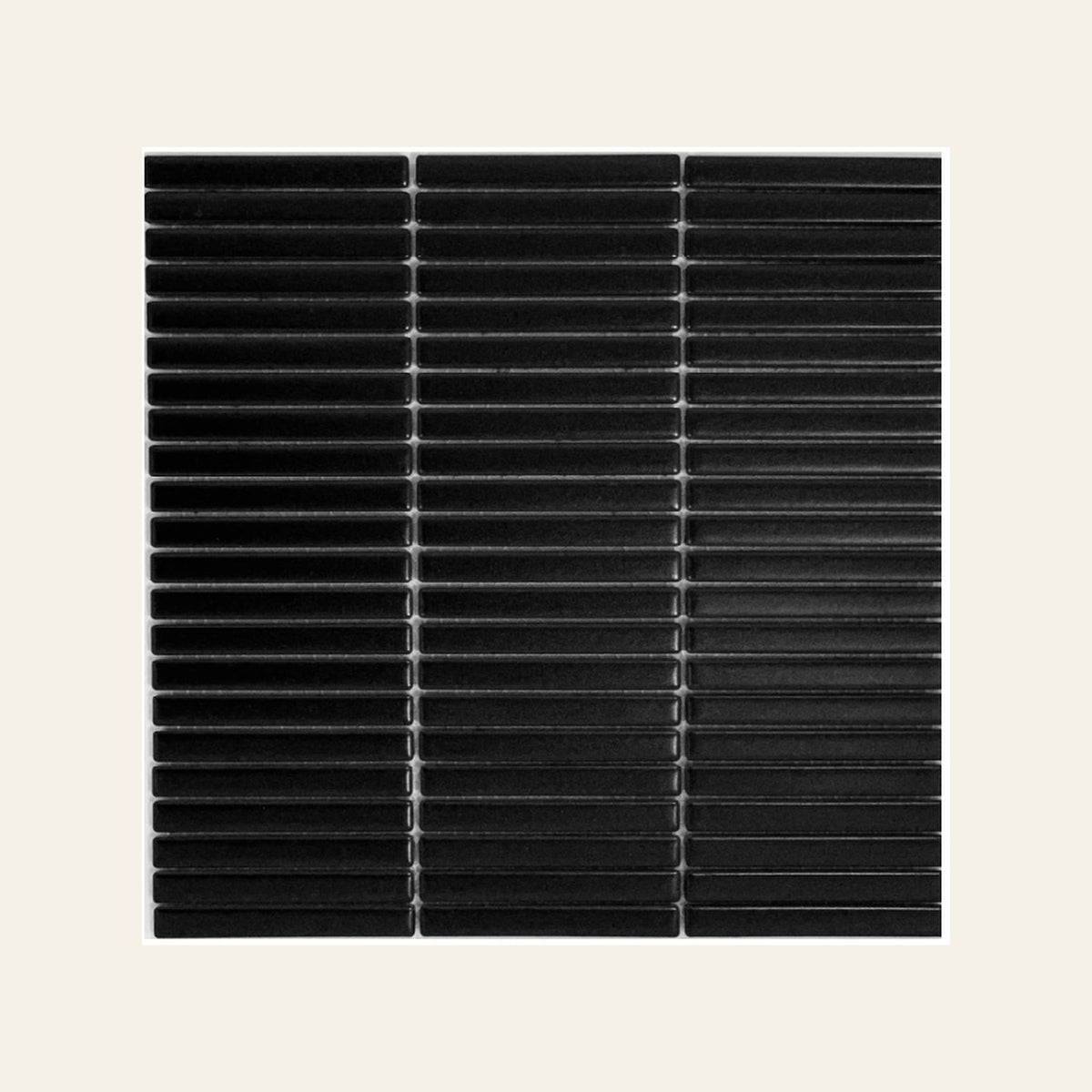 Stackbond Finger Black Matt 12.8x95 Finger Mosaic, true-scale swatch: 400 x 400 mm of wall at real size