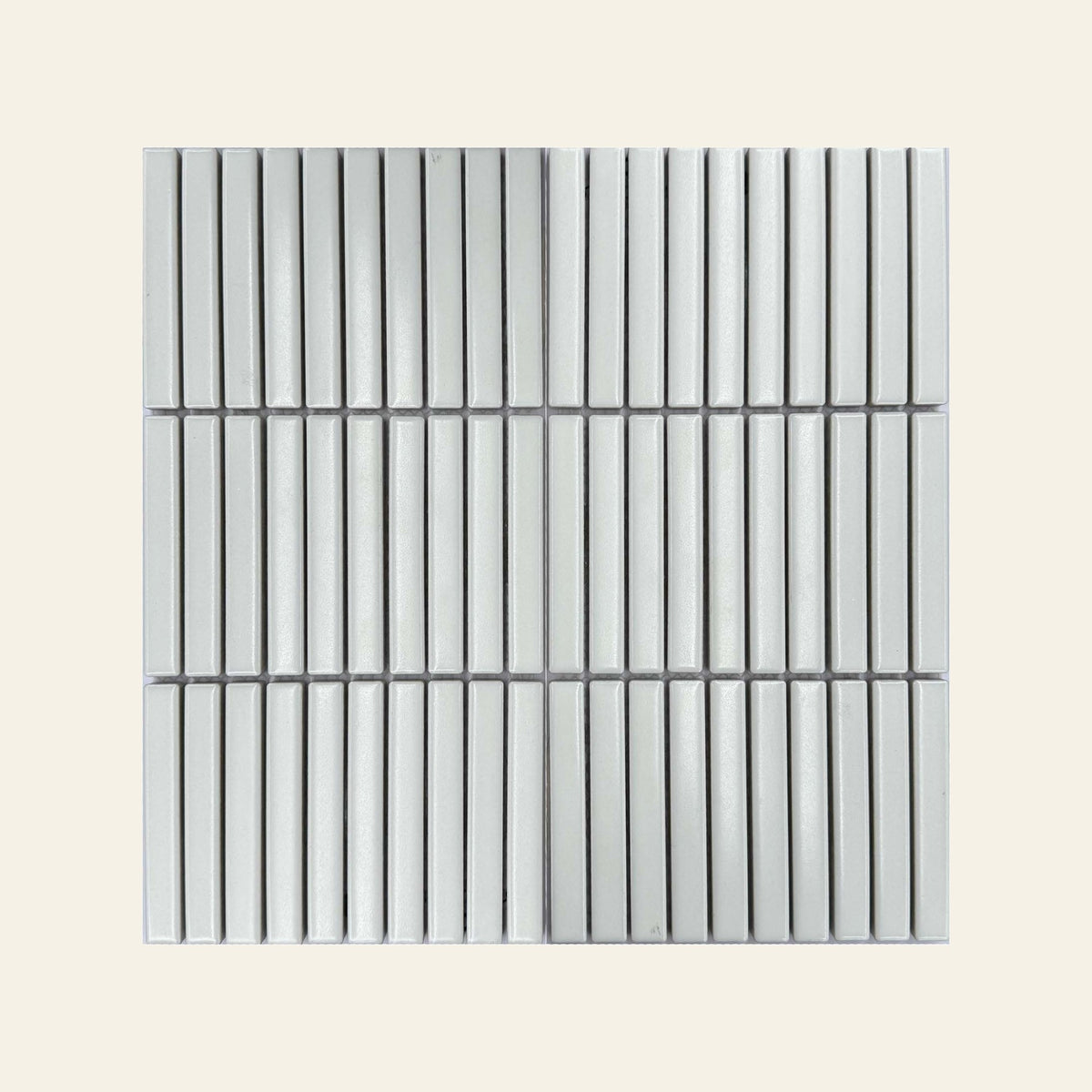 Stackbond Finger Solid White Gloss 12.8x95 Finger Mosaic, true-scale swatch: 400 x 400 mm of wall at real size