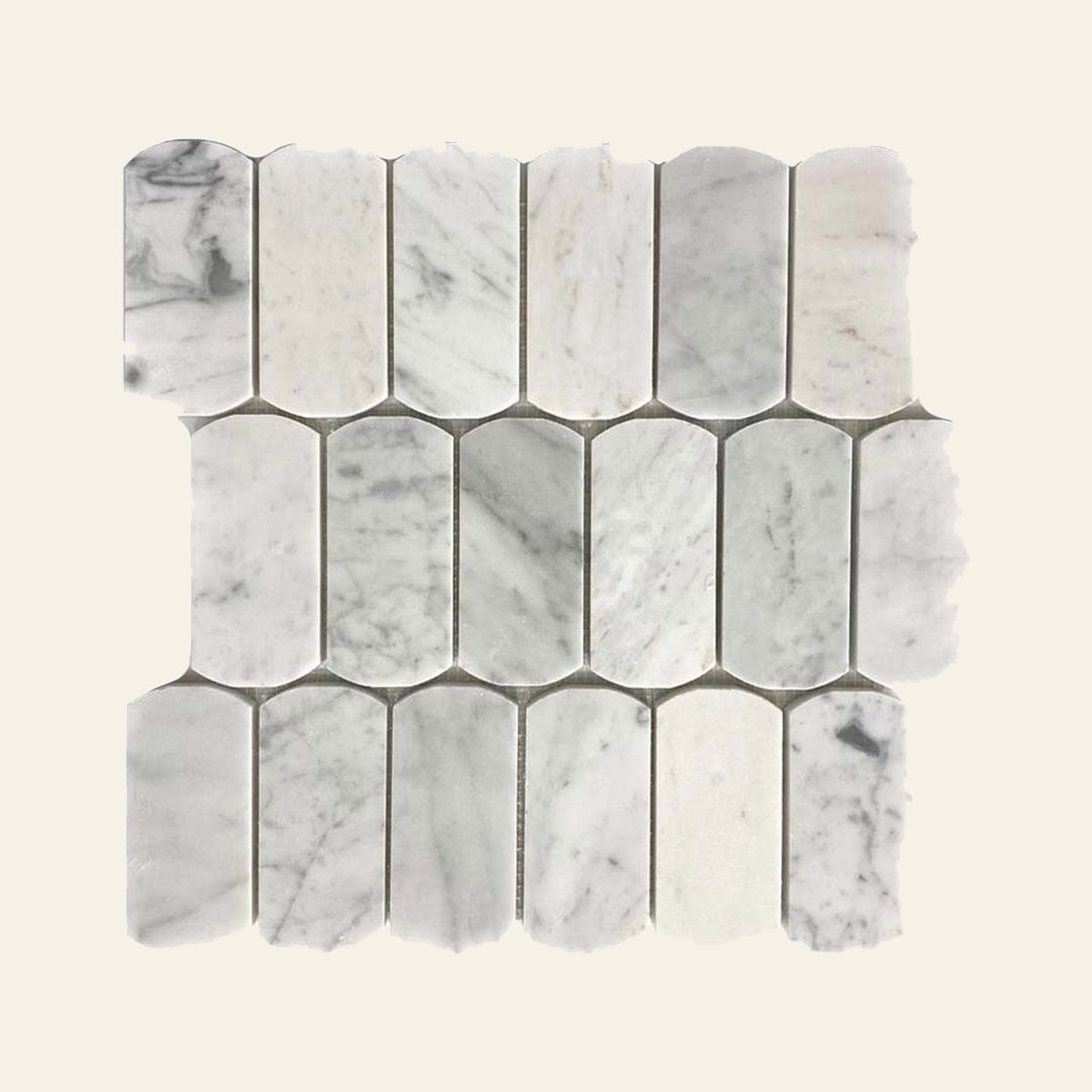 Stone Arc Carrara White Honed 50x100 Mosaic, true-scale swatch: 400 x 400 mm of wall at real size