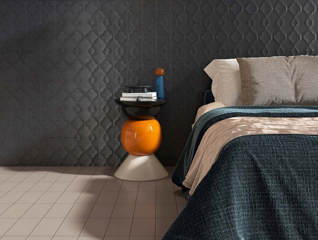 Taggerty Black Spur Trellis Glazed 125x250 tiles in a room