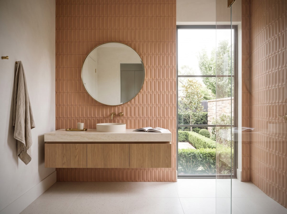 Tarwin Ochre 3D Matt 50x150 tiles in a room