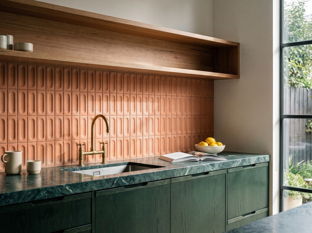 Tarwin Ochre 3D Matt 50x150 tiles in a room