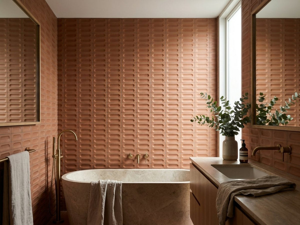 Tarwin Ochre 3D Matt 50x150 tiles in a room