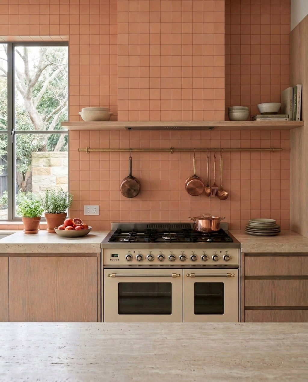 Tarwin Ochre Matt 100x100 tiles in a kitchen