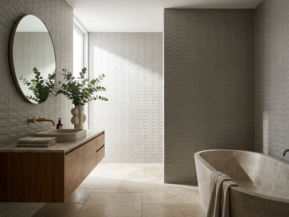 Tarwin Overcast 3D Matt 50x150 tiles in a room