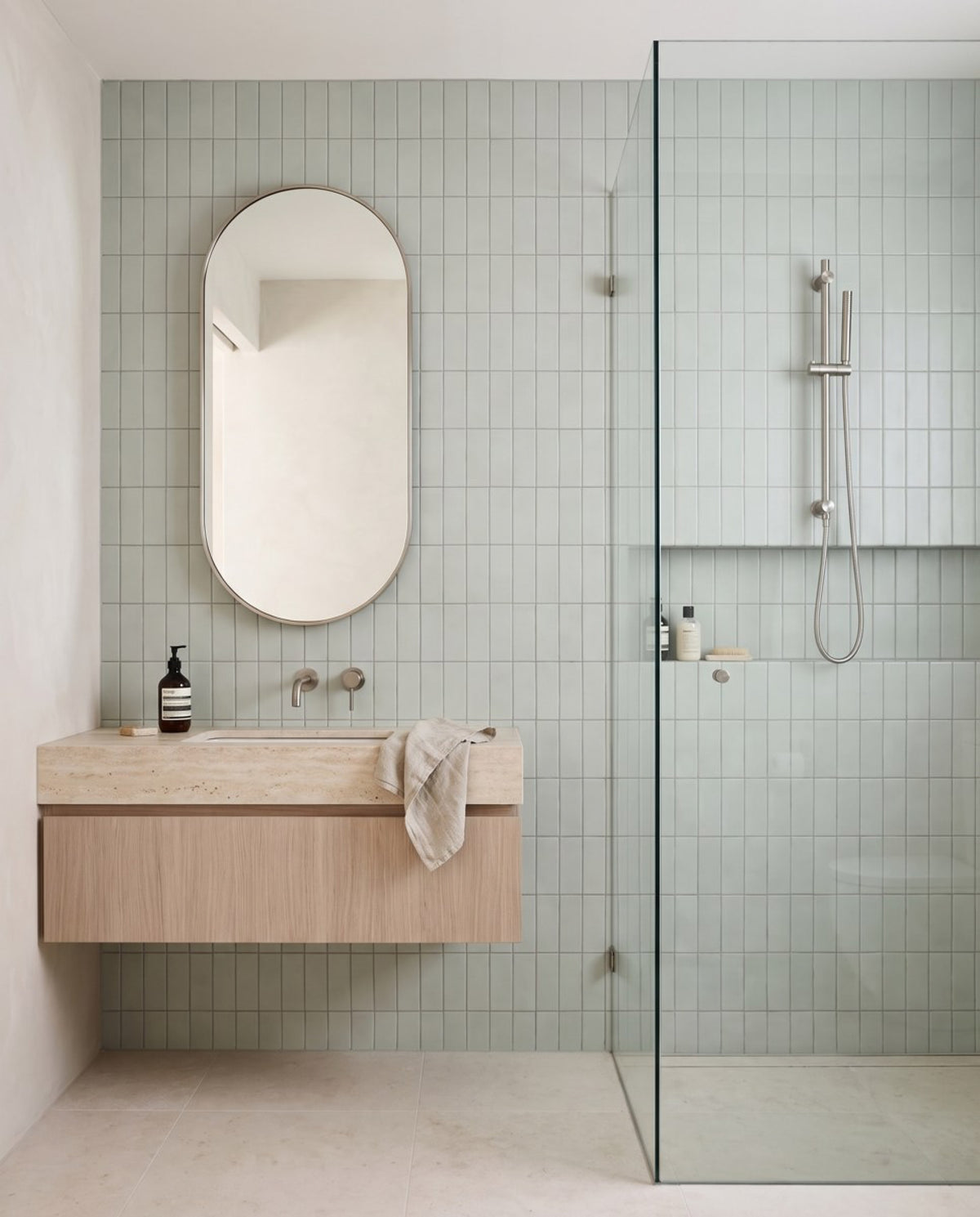 Tarwin Overcast Matt 50x150 tiles in a ensuite