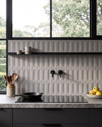 Tarwin Pebble 3D Matt 50x150 tiles in a kitchen