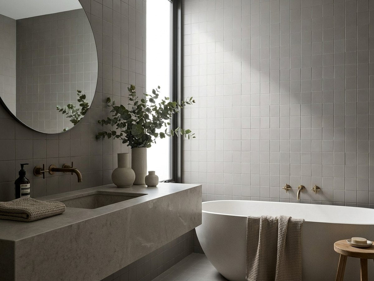 Tarwin Pebble Matt 100x100 tiles in a room