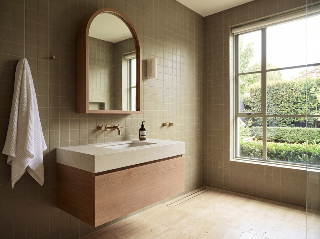 Tarwin Stringybark Matt 100x100 tiles in a room