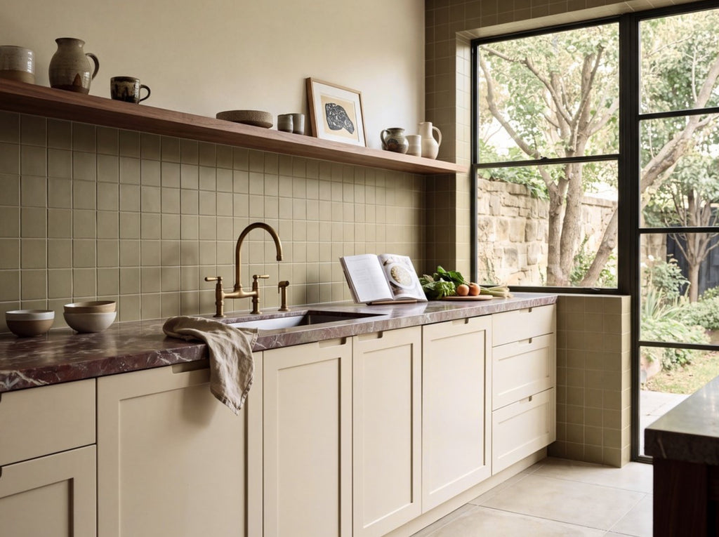 Tarwin Stringybark Matt 100x100 tiles in a kitchen