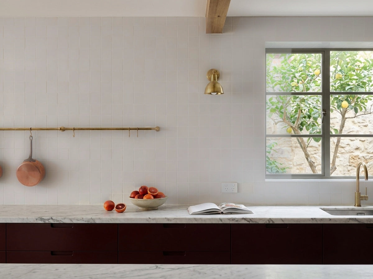 Tarwin Whitecap Matt 100x100 tiles in a kitchen