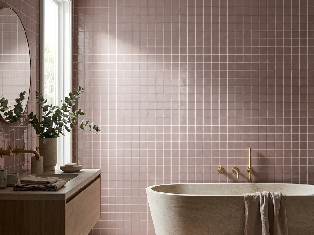 Town Pink Salt Gloss 132x132 tiles in a room