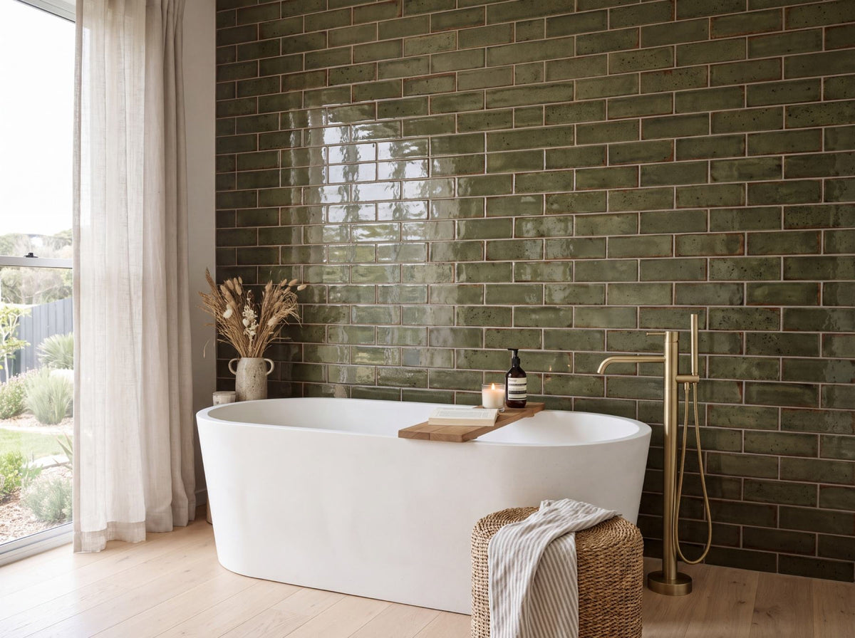 Tuart Kelp Gloss 75x300 tiles in a room
