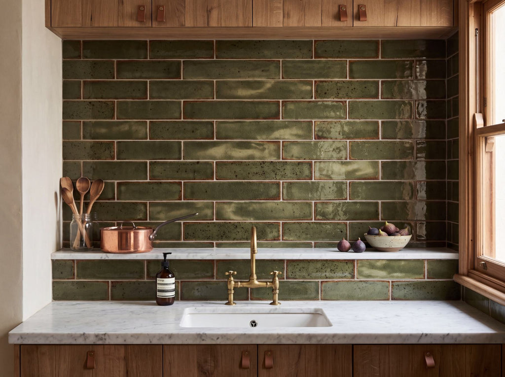 Tuart Kelp Gloss 75x300 tiles in a kitchen